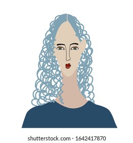 Vector stock illustration of pretty girl with long neck and face.  Cartoon style with black outline. Woman with blue curly long hair.