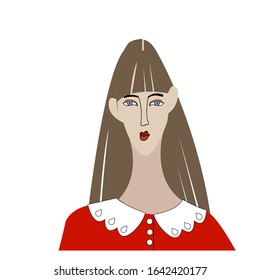 Vector stock illustration of pretty girl with long neck and face.  Cartoon style with black outline. Woman with long brown hair.