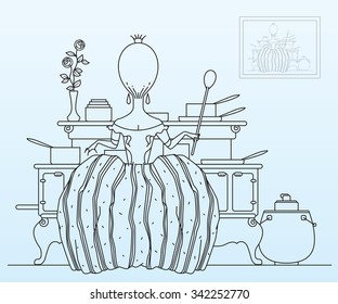 Vector stock illustration. Princess prepares food in the kitchen.