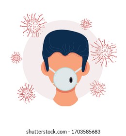 Vector stock illustration PROTECT YOURSELF AND OTHERS FROM INFECTION in flat style. Human presenting the correct method of wearing a respirator to reduce the spread of germs, viruses and bacteria.
