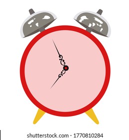 Vector stock illustration of a red alarm clock. Time. Table clock with hands. Night time 07: 55 . Isolated on a white background. Plain.