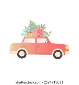 Vector stock illustration with red car, presents and Christmas tree. Season greeting card