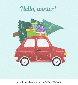 Vector stock illustration with red car, presents and Christmas tree (Hello, winter). Season greeting card