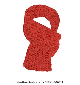 Vector stock illustration of a red knitted scarf. Large pattern of wool fabric. Autumn outerwear for comfort. A warm shawl. Isolated on a white background. soft wool accessory for cold weather