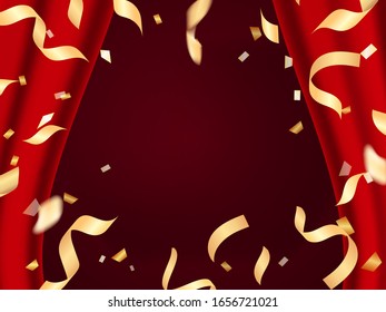 Vector stock illustration. Red open curtains and falling golden serpentine
