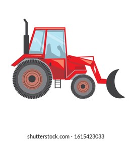 A vector stock illustration with red tractor isolated on a white background. A flat excavator with a bucket. glass and silencer at work for design