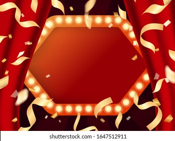 Vector stock illustration. Retro frame with lights, red open curtains and serpentine