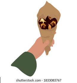 Vector stock illustration of a roasted chestnut. Hot, sliced nuts in a paper bag. Chestnut leaf. Traditional winter street food of Europe and Asia. Isolated on a white background.