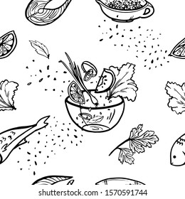 Vector stock illustration seamless pattern of various vegetables and fish, can be used as a print for restaurant or advertising. Printing on textile, paper.