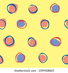 A vector stock illustration with a seamless pattern for baby and children. A doodle circles randomly on a yellow background for printing on fabric, textile or paper for boys and girls