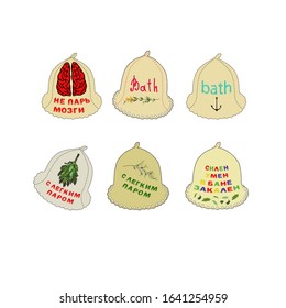 Vector stock illustration, set of bath felt hats with doodle lettering. Bathhouse equipment, humoristic colorful quote "
Smart in the bath", "Give me a break", "Enjoy Your Bath". Cyrillic language.