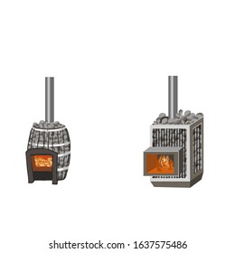Vector stock illustration, set of bathhouse furnaces on firewood and stones. Bath, sauna equipment, hot temperature, humidity. Flat doodle style art.