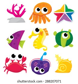 A vector stock illustration set of cartoon sea creatures.