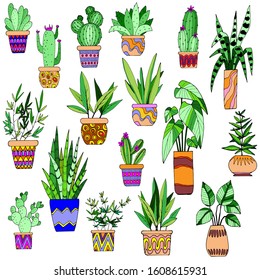 vector stock illustration, set of flowerpots in bright colors, isolate on a white background, book ornament