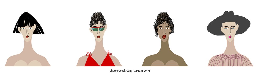 Vector stock illustration, set of four pretty girls with long neck and face. Cartoon style, black outline. Black curly and straight hair. Summer beach clothes, cute sunglasses.