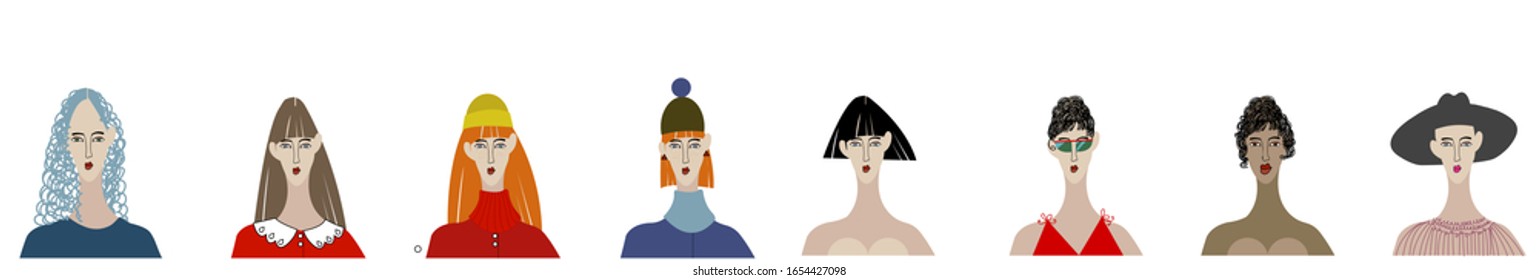 Vector stock illustration, set of four pretty girls with long neck and face. Cartoon style, black outline. Black curly and straight hair. Summer beach clothes, cute sunglasses.