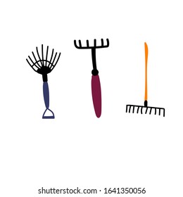 Vector stock illustration, set of kitchen-garden equipment. Tools and instruments for kailyard work. Rake, shovel, pitchfork. Colorful elements in cartoon style. 