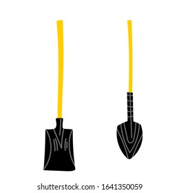 Vector stock illustration, set of kitchen-garden equipment. Tools and instruments for kailyard work. Rake, shovel, pitchfork. Colorful elements in cartoon style. 
