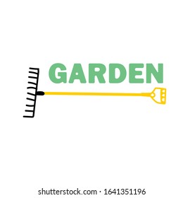 Vector stock illustration, set of kitchen-garden equipment. Tools and instruments for kailyard work. Rake, shovel, pitchfork. Colorful elements in cartoon style. Lettering, quote "garden".