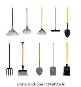 Vector stock illustration, set of kitchen-garden equipment. Tools and instruments for kailyard work. Rake, shovel, pitchfork. Colorful elements in cartoon style. 