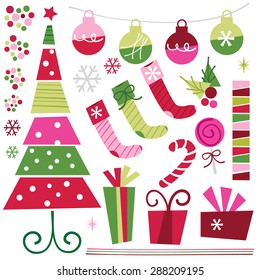 A vector stock illustration set of retro christmas design elements like christmas tree, gifts, stockings, ribbons, stars and confetti, snowflakes and more.