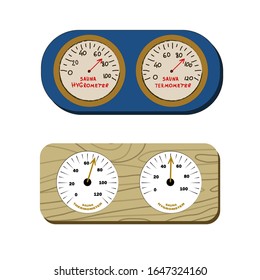 Vector stock illustration, set of thermometers for bathhouse. Sauna and bath equipment in cartoon style. Appliances with arrows.