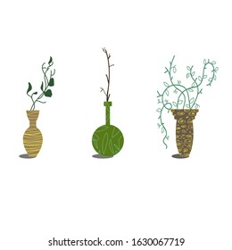 Vector stock illustration, set of three clay jugs with fresh plants and herbs. Flat style 