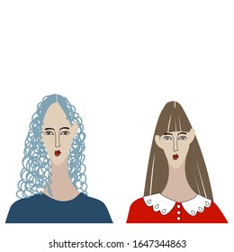Vector stock illustration, set of two pretty girls with long neck and face. Cartoon style, black outline. Blue curly hair, brown straight hairstyle. 