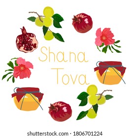 Vector stock illustration of Shana Tova. Frame of pomegranates, pomegranate flower, jars of honey, berries and apples. Isolated on a white background. Israeli new year