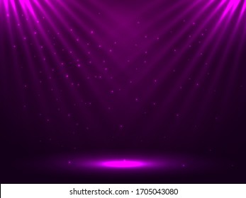  Ilustración de material vectorial. Brillantes rayos de luz sobre un fondo morado para el afiche