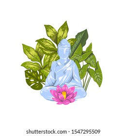 Vector stock illustration of sitting Buddha statue with lotus and tropical leaves on the background. Logo isolated on white. Realistic hand drawn print for cards, posters, souvenirs.