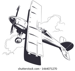 Vector. Stock illustration. Small plane flying above clouds.