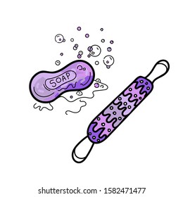 Vector stock illustration of soap with bubbles and washcloth in doodle style. Black outline, purple lilac color Bathhause cute art, simple elements design.
