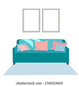 Vector stock illustration of a sofa. Nice room green sofa, cozy pillows paintings on the wall, carpet. The apartment is isolated on a white background. Template