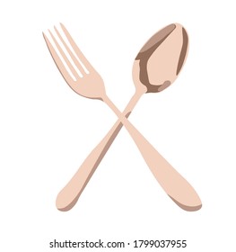 Vector stock illustration of a spoon and fork. Dining accessories for dinner. Gilded tableware in vintage style. Mother-of-pearl appliances for food. Isolated on a white background.