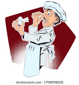 Vector. Stock illustration. Squeamish cook with rotten egg.