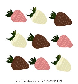 Vector stock illustration of strawberries in chocolate. Dessert of berries in sugar syrup. Isolated on a white background. Set of sweets. Natural confectionery for a romantic dinner. Fondue