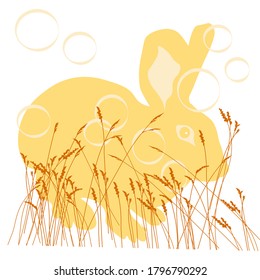 Vector stock illustration of a sunbeam. Yellow cute rabbit in the grass. Postcard for the harvest festival Chuseok. Full moon is an autumn holiday. Children's logo isolated on a white background