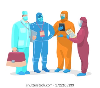 Vector stock illustration A team of virologists discussing, working on a pandemic problem. 