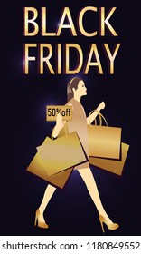 Vector stock illustration template. Black friday luxury banner or poster for advertisment and promotion, with shining golden text on dark background, sale 50% off, woman shopping and carrying bags
