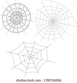 Vector stock illustration. Three cobwebs, one with dew on it. With a white backing.