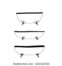 Vector stock illustration of three tubs. Doodle set with sauna, bath equipment. Black and white coloring book for adults.