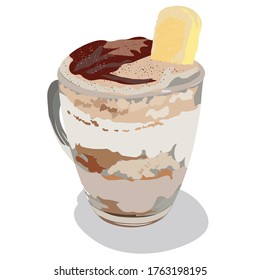 Vector stock illustration of tiramisu. Traditional Italian dessert with lady fingers cookies and whipped cream cheese. Baking in a mug. Delicious sweet mousse with chocolate chips. Sugar sponge cake.