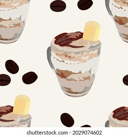 Vector stock illustration of tiramisu. Traditional Italian dessert with lady fingers cookies and whipped cream cheese. Sugar sponge cake.Seamless pattern. For wrapping paper. Ideal for wallpaper, surf