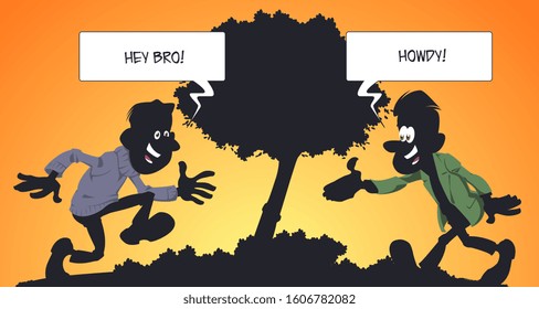 Vector. Stock illustration. Two friends meeting in park.
