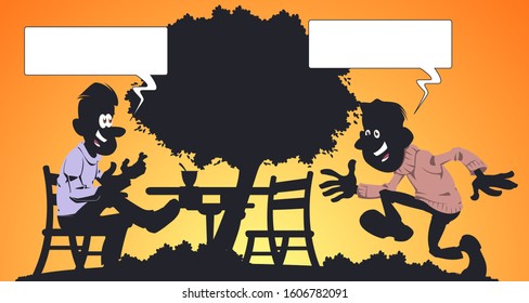 Vector. Stock illustration. Two friends meeting in park.