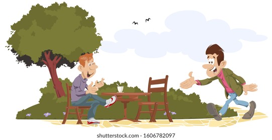 Vector. Stock illustration. Two friends meeting in park.