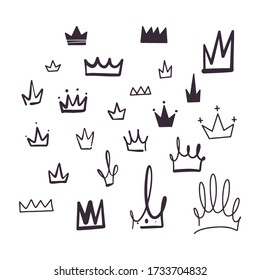 Vector stock illustration with various doodle crowns, hand drawn, doodle style. Sample element isolated on white. Line contour, outline.