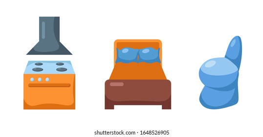 Vector stock illustration in vibrant bright colors with furniture items: kitchen stove, bed and toilet in flat style. Concept for home improvement store design. Icons isolated on white background. 