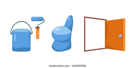 Vector stock illustration in vibrant bright colors with construction items: can with color, toilet & door in flat style. Concept for home improvement store design. Icons isolated on white background. 